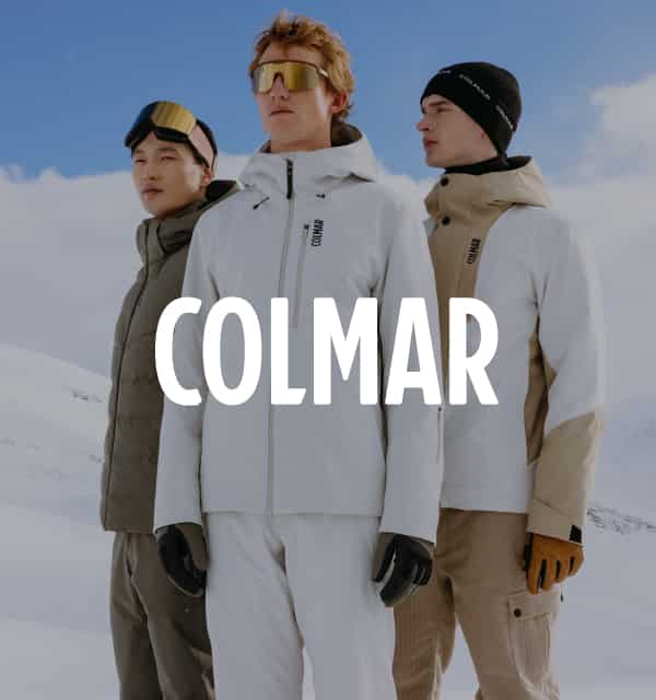 3 Personen in Skibekleidung und Colmar Logo